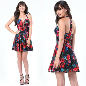 💋 bebe red multi color floral deep plunge dress M 8 new RARE 💋